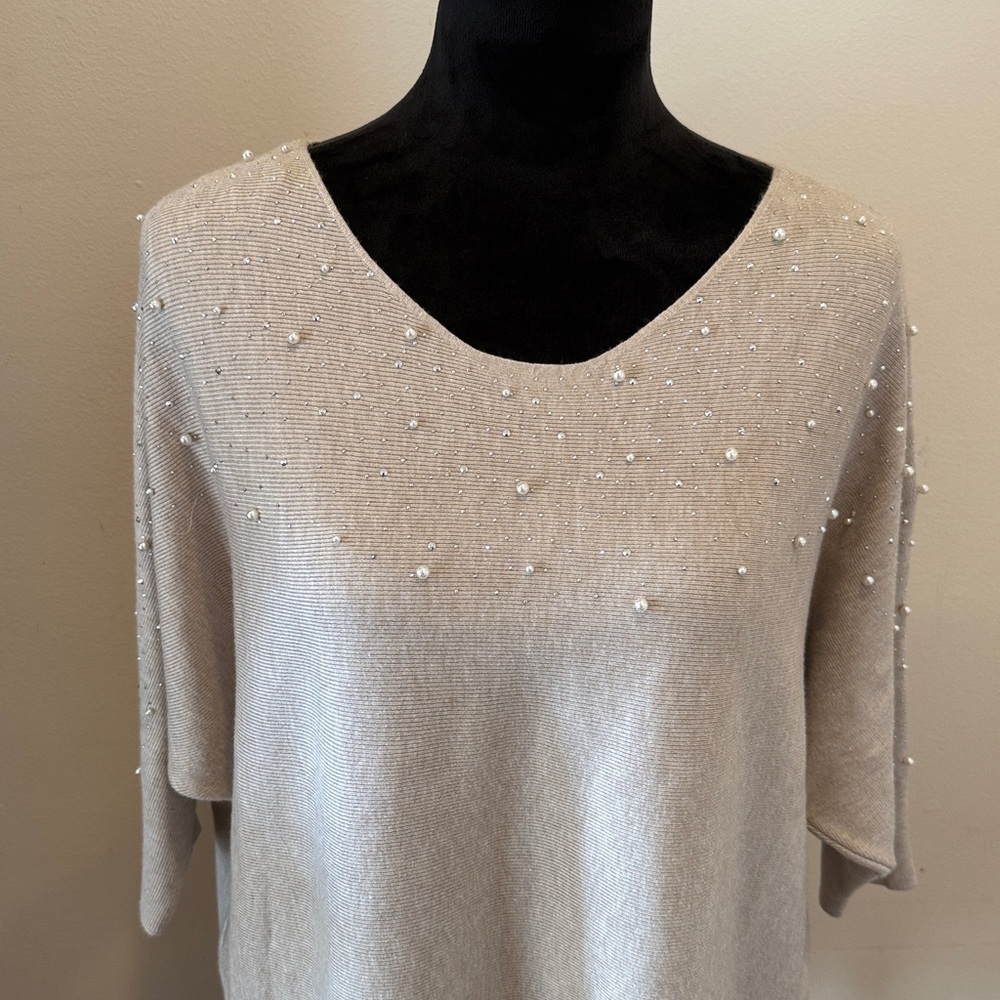Beige Pearl Rhinestone Embellished Top Size 2X NWT